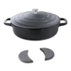 Lot Cocotte Légère Basse Ronde En Fonte D’aluminium 28 Cm Noir Et Deux Maniques Silicone 8