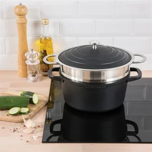 Lot Cocotte Légère Ronde Fonte Aluminium 24 Cm 4,5 L Et Panier Vapeur Multidiamètre 11