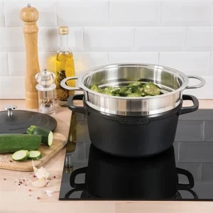 Lot Cocotte Légère Ronde Fonte Aluminium 24 Cm 4,5 L Et Panier Vapeur Multidiamètre 13